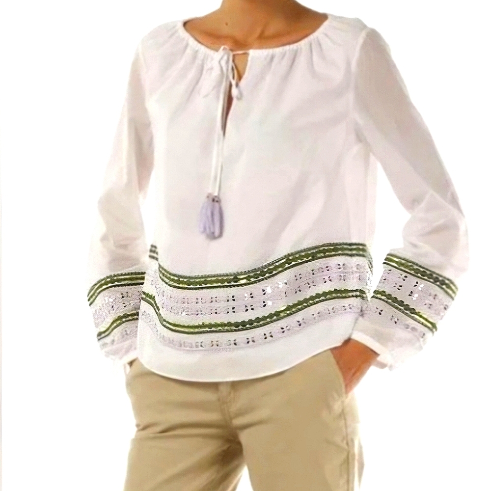 Tory Burch White Tunic with Lavendar and Green Sequin Embroidery. - Picture 1 of 15